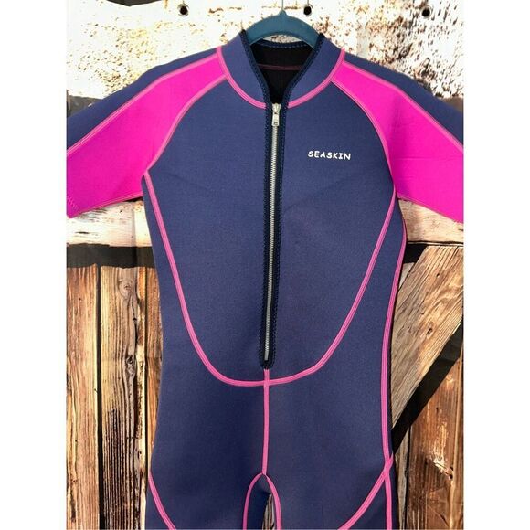 SeaSkin Wetsuit Size 10 2mm Front Zipper Neoprene  Short Pink Blue Beach watersk - Picture 3 of 6